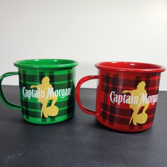 Captain Morgan Cups Lot of 2 Metal Enamel Ware Red and Green Advertising… - Picture 1 of 10